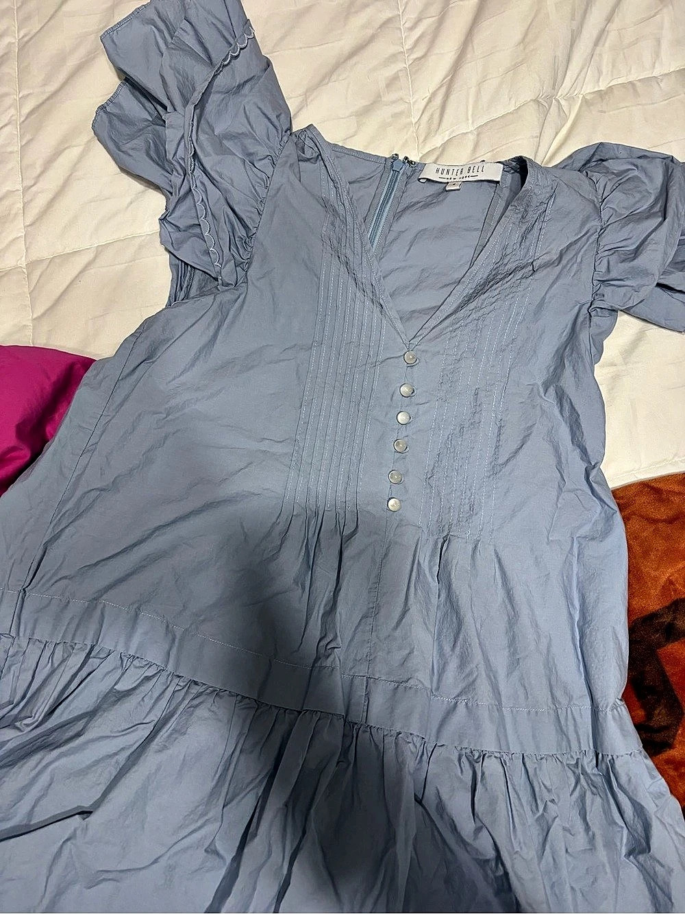 Hunter Bell Virginia Dress Ruffle Mini Dress in Blue Size Small